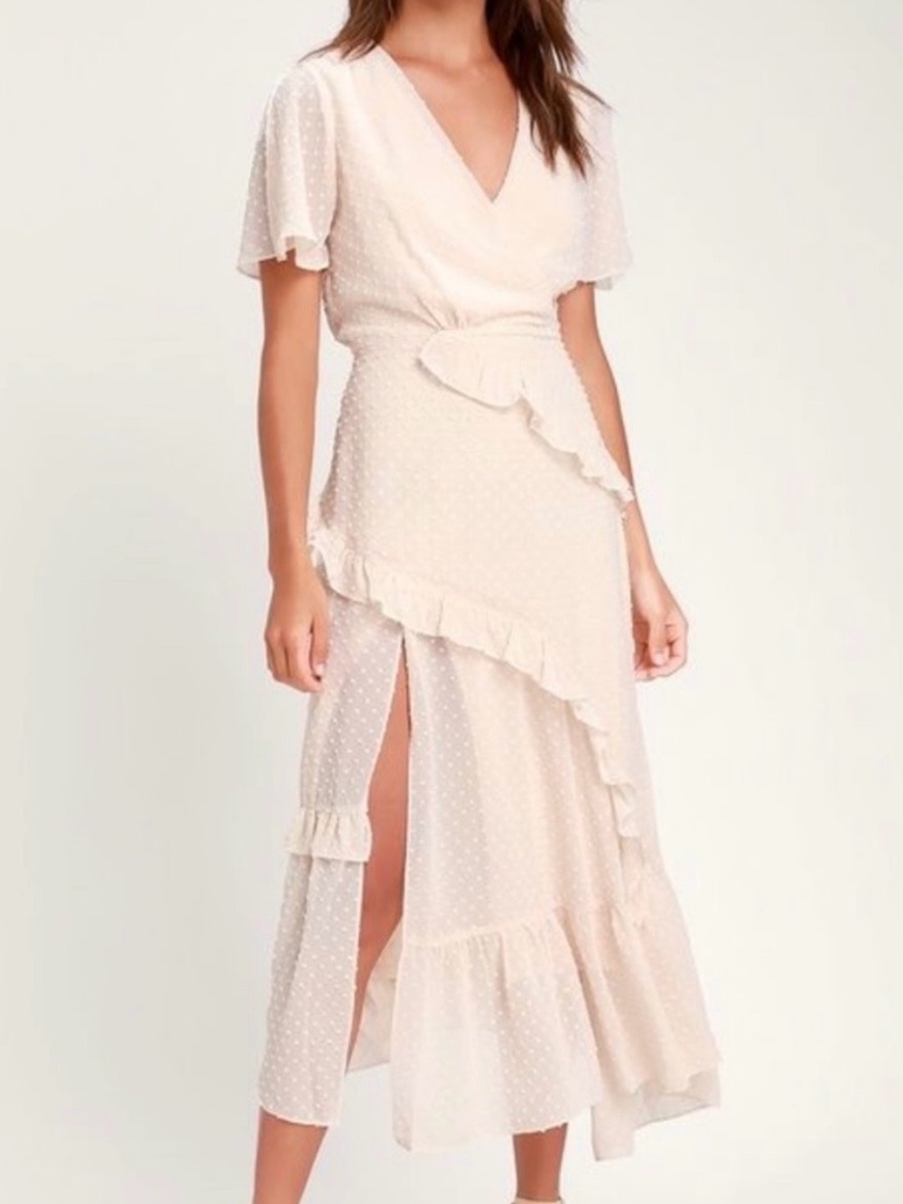 Lulu's Next to You Cream Swiss
Dot Ruffled Midi Dress